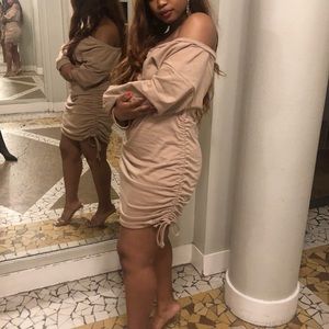 Nude Bardot Ruched Sweater Dress 🥠